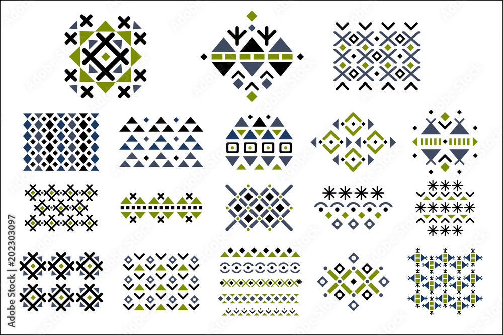 Poster vector set of colored seamless ornaments. ethnic patterns in geometric style. decorative elements fo