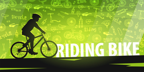 Bicycle riding banner with doodle background. Sport, active lifestyle. Vector illustration