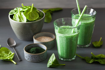 green spinach smoothie with spirulina, chia seed, lime, apple