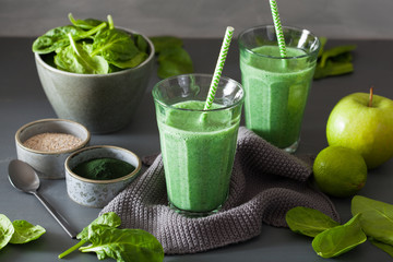 green spinach smoothie with spirulina, chia seed, lime, apple