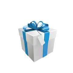 white gift box with blue ribbon and bow. Vector 3d illustration