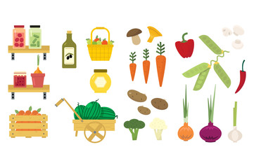Flat vector set of organic food icons. Fresh vegetables and fruits. Pickled cucumbers and tomatoes. Basket with apples. Jam, honey and olive oil.