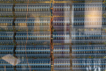 many old blue relays of an vintage computer