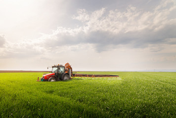 Tractor spraying pesticides on wheat field with sprayer at spring © Dusan Kostic
