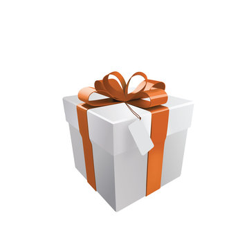 White Gift Box With Orange Ribbon And Bow. Vector 3d Illustration