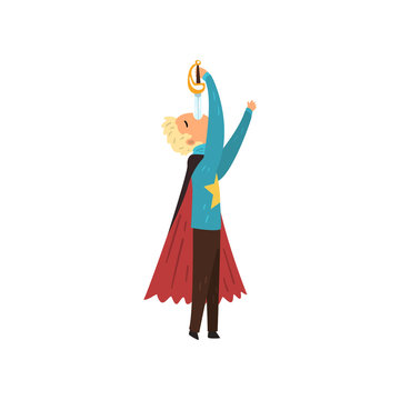 Wizard Swallowing Sword. Magician In Mantle Performing On Stage. Flat Vector Design