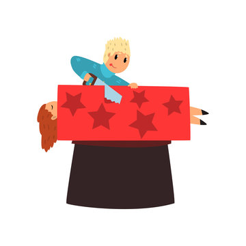 Funny magician sawing young woman into two halves. Assistant in red box. Colorful flat vector design