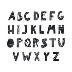 Hand drawn latin alphabet in Scandinavian style with decorative monochrome letters. Make your own lettering. Isolated on white background. Vector illustration. Design concept for typographic poster.