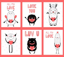 Sierkussen Set of hand drawn ready to use cards, gift tags templates with cute funny cartoon monsters holding hearts, text. Vector illustration. Isolated objects. Design concept for children, Valentines day. © Maria Skrigan