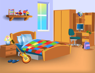 cartoon child bedroom with computer on desk, toys and electric guitar