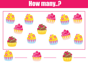 Counting educational children game, math kids activity. How many objects. Learning addition