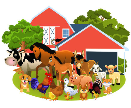 farm animals like cow, horse, goat, pig, sheep, hen, goose, rabbit and others