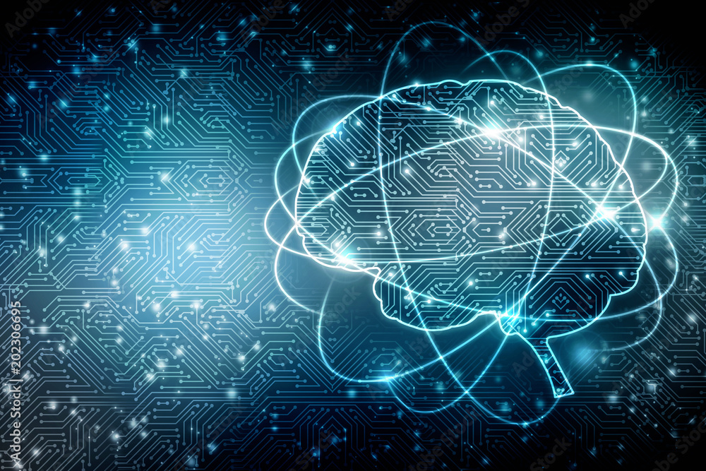 Poster 2d illustration concept of thinking, background with brain, abstract artificial intelligence. techno
