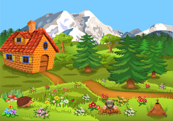 little house in the middle of the nature with fir trees and flowers all around and mountains in the background