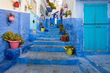 Fototapeta na wymiar Stairway in Chefchaouen, the Blue city, in Morocco