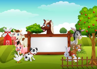 Farm animals with a blank sign wood