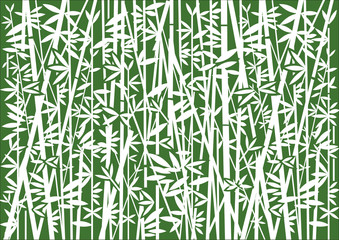 Bamboo Decorative background.
Stylized Illustration of white bamboo silhouettes on green background.Vector available. 