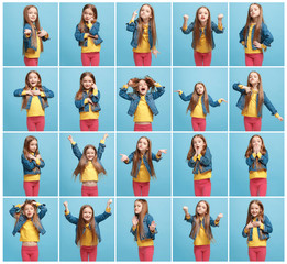The collage of different human facial expressions, emotions and feelings of young teen girl. - obrazy, fototapety, plakaty