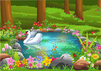 swan on the pond with colorful flowers all around in the middle of the forest