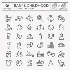 Baby outline icons. Editable stroke. Vector set.
