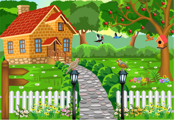 cartoon brick house in the middle of nature, with stone path, courtyard and fence