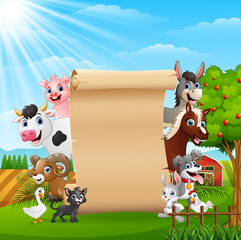 Farm animals with a blank sign paper