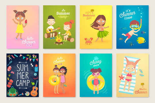 Summer Kids card set, swimming, playing on the beach, camping and having fun.