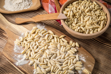 Fresh uncooked cavatelli pasta.