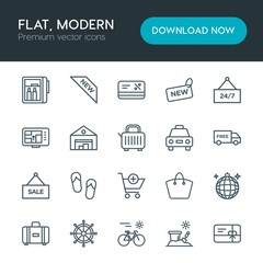 Modern Simple Set of hotel, shopping, travel Vector outline Icons. Contains such Icons as  ball,  luggage,  shoes,  shop,  bicycle, wheel and more on white background. Fully Editable. Pixel Perfect