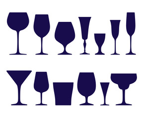 Set of wineglasses and glasses icons of dark blue color isolated on white background. Vector illustration.
