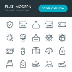 Modern Simple Set of hotel, shopping, travel Vector outline Icons. Contains such Icons as  jacket,  favorite,  park,  comfortable, shop, bed and more on white background. Fully Editable. Pixel Perfect