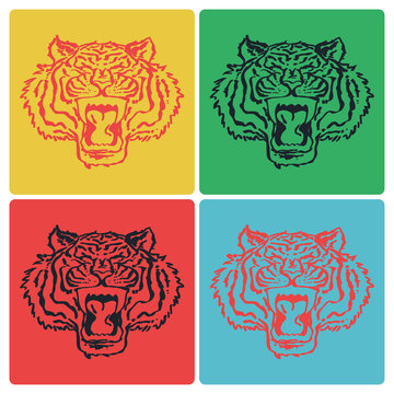 Colorful vector set of tiger head on different background colors, isolated print design