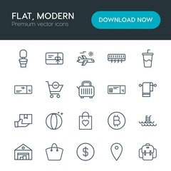 Modern Simple Set of hotel, shopping, travel Vector outline Icons. Contains such Icons as conditioner, money, pin,  storehouse, bathroom and more on white background. Fully Editable. Pixel Perfect