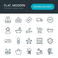 Modern Simple Set of hotel, shopping, travel Vector outline Icons. Contains such Icons as  sport,  hotel, balloon,  lock,  door, sign,  air and more on white background. Fully Editable. Pixel Perfect