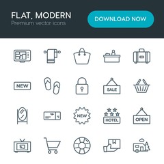 Modern Simple Set of hotel, shopping, travel Vector outline Icons. Contains such Icons as  towel,  label, ring,  post,  rescue,  tv,  mobile and more on white background. Fully Editable. Pixel Perfect