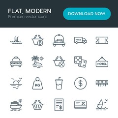 Modern Simple Set of hotel, shopping, travel Vector outline Icons. Contains such Icons as  bill,  handle, basket,  sale,  extreme,  boat and more on white background. Fully Editable. Pixel Perfect