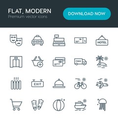 Modern Simple Set of hotel, shopping, travel Vector outline Icons. Contains such Icons as  background,  light,  people,  bicycle,  stage and more on white background. Fully Editable. Pixel Perfect