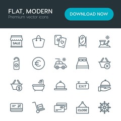 Modern Simple Set of hotel, shopping, travel Vector outline Icons. Contains such Icons as  service,  post,  shop,  sale, summer,  game,  old and more on white background. Fully Editable. Pixel Perfect
