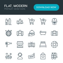 Modern Simple Set of hotel, shopping, travel Vector outline Icons. Contains such Icons as  air,  center,  bed,  room,  gift,  favorite,  sea and more on white background. Fully Editable. Pixel Perfect