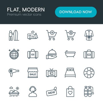 Modern Simple Set of hotel, shopping, travel Vector outline Icons. Contains such Icons as  air,  center,  bed,  room,  gift,  favorite,  sea and more on white background. Fully Editable. Pixel Perfect