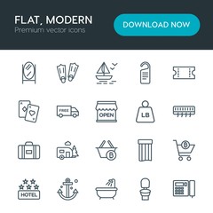 Modern Simple Set of hotel, shopping, travel Vector outline Icons. Contains such Icons as door,  care,  vacation,  modern,  sign,  yacht and more on white background. Fully Editable. Pixel Perfect