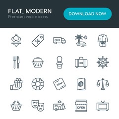 Modern Simple Set of hotel, shopping, travel Vector outline Icons. Contains such Icons as passport, ring, open, display, shipping, tv and more on white background. Fully Editable. Pixel Perfect