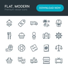 Modern Simple Set of hotel, shopping, travel Vector outline Icons. Contains such Icons as passport, ring,  open,  display,  shipping,  tv and more on white background. Fully Editable. Pixel Perfect