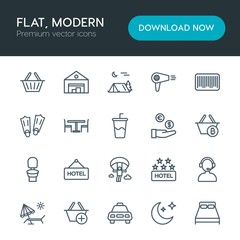 Modern Simple Set of hotel, shopping, travel Vector outline Icons. Contains such Icons as  room,  warehouse,  modern,  care,  center,  hair and more on white background. Fully Editable. Pixel Perfect