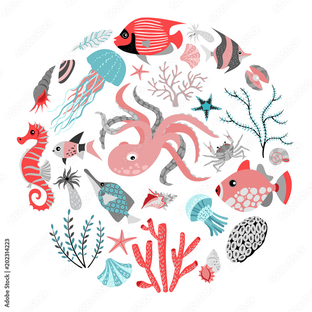 Wall mural Set of vector illustrations of tropical fish, animal, seaweed and corals.  Sea life. Isolated illustrations on white background