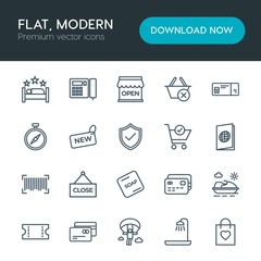 Modern Simple Set of hotel, shopping, travel Vector outline Icons. Contains such Icons as  card,  activity, bathroom, water,  bag,  gift and more on white background. Fully Editable. Pixel Perfect