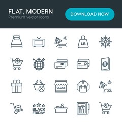Modern Simple Set of hotel, shopping, travel Vector outline Icons. Contains such Icons as  delivery, television,  room,  knapsack,  display and more on white background. Fully Editable. Pixel Perfect