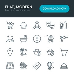 Modern Simple Set of hotel, shopping, travel Vector outline Icons. Contains such Icons as  shop,  fly, food,  clothing,  card,  beautiful and more on white background. Fully Editable. Pixel Perfect