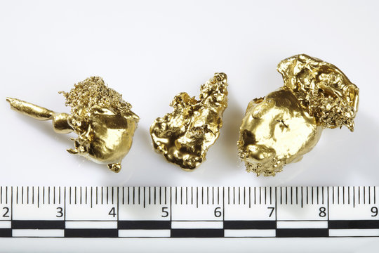 Gold pieces and nuggets found by amaterur prospector isolated on background
