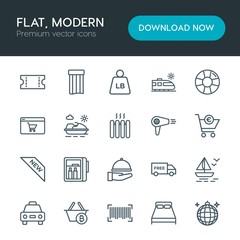 Modern Simple Set of hotel, shopping, travel Vector outline Icons. Contains such Icons as  railway,  cab,  furniture,  club, basket, speed and more on white background. Fully Editable. Pixel Perfect